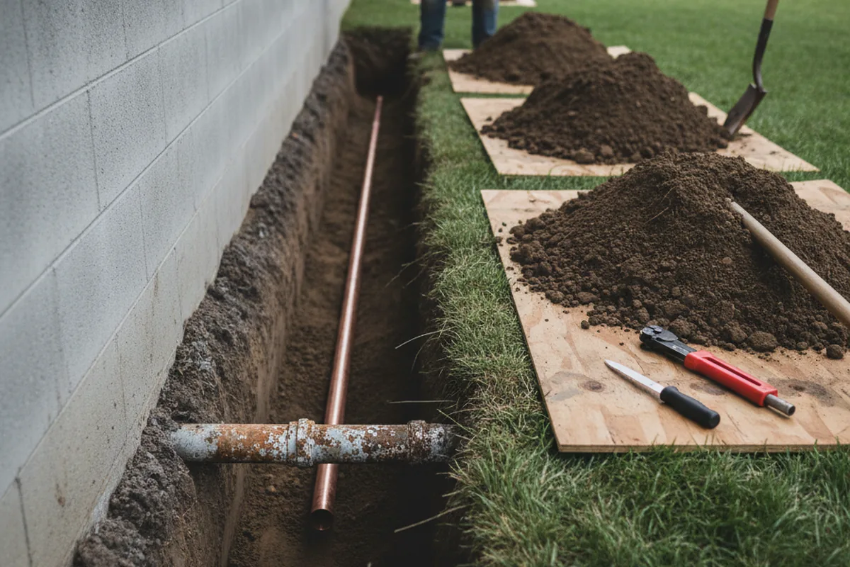 Excavated water line trench during Sewer Line Repair in McLean